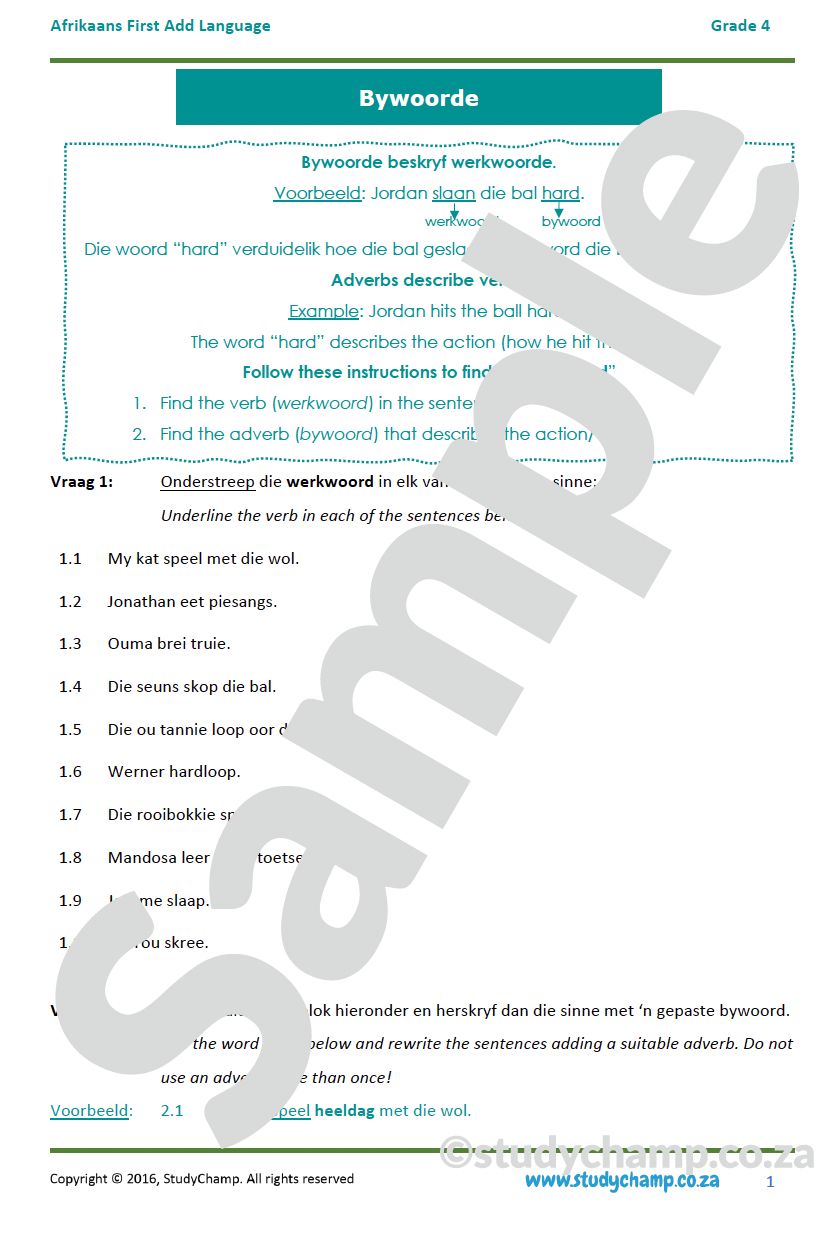 Grade 4 Afrikaans: Bywoorde