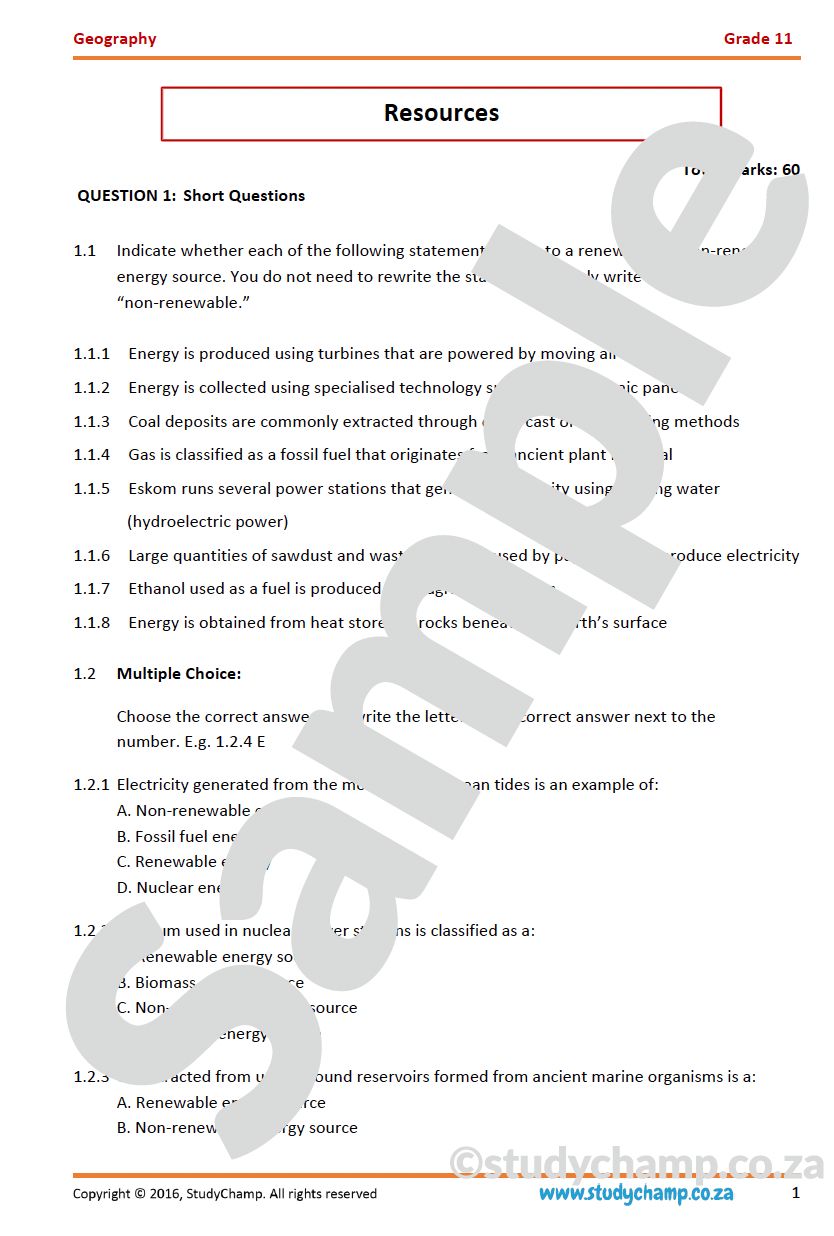 Grade 11 Geography IEB Test: Resources