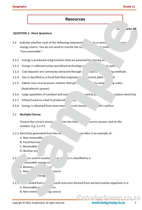 Grade 11 Geography IEB Test: Resources