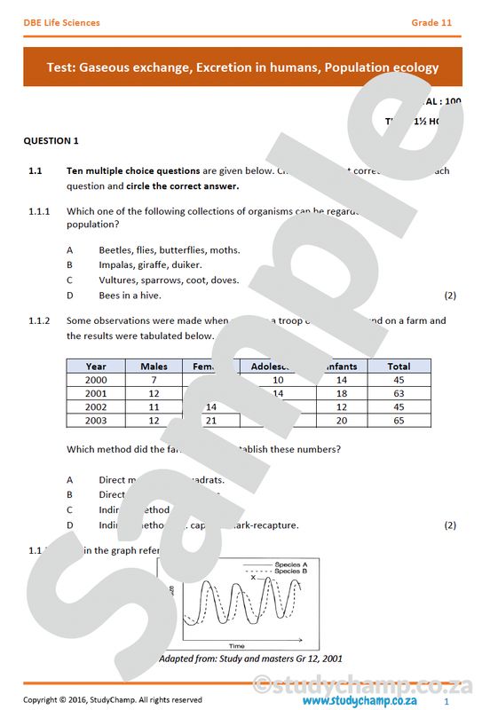Grade 11 Life Sciences Test (DBE): Excretion, Gaseous Exchange and Population Ecology