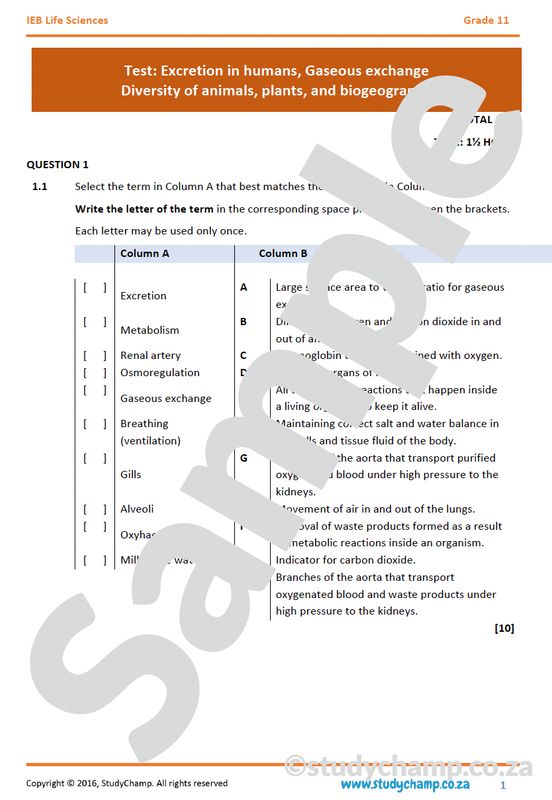 Grade 11 Life Sciences Test (IEB): Gaseous exchange, excretion, diversity and biogeography
