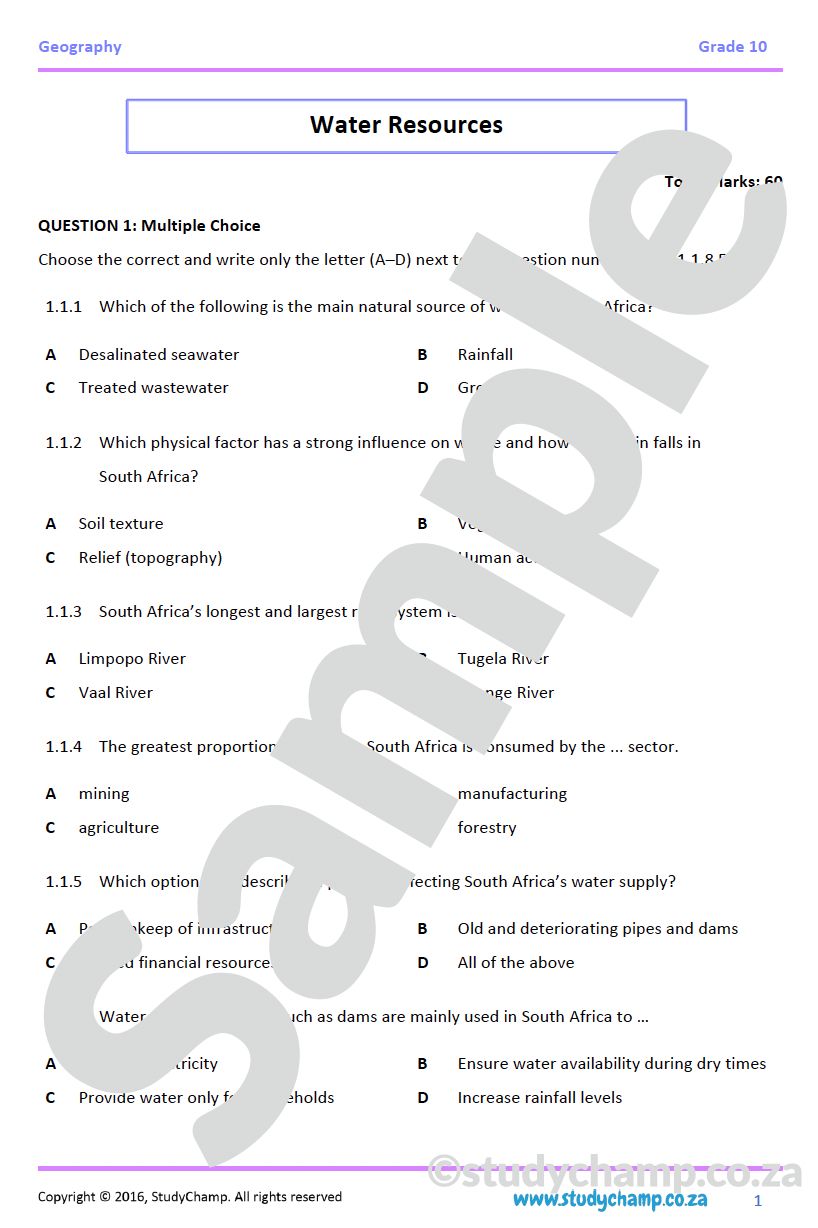 Grade 10 IEB Geography Test: Water Resources