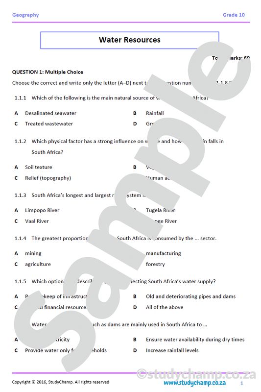 Grade 10 IEB Geography Test: Water Resources