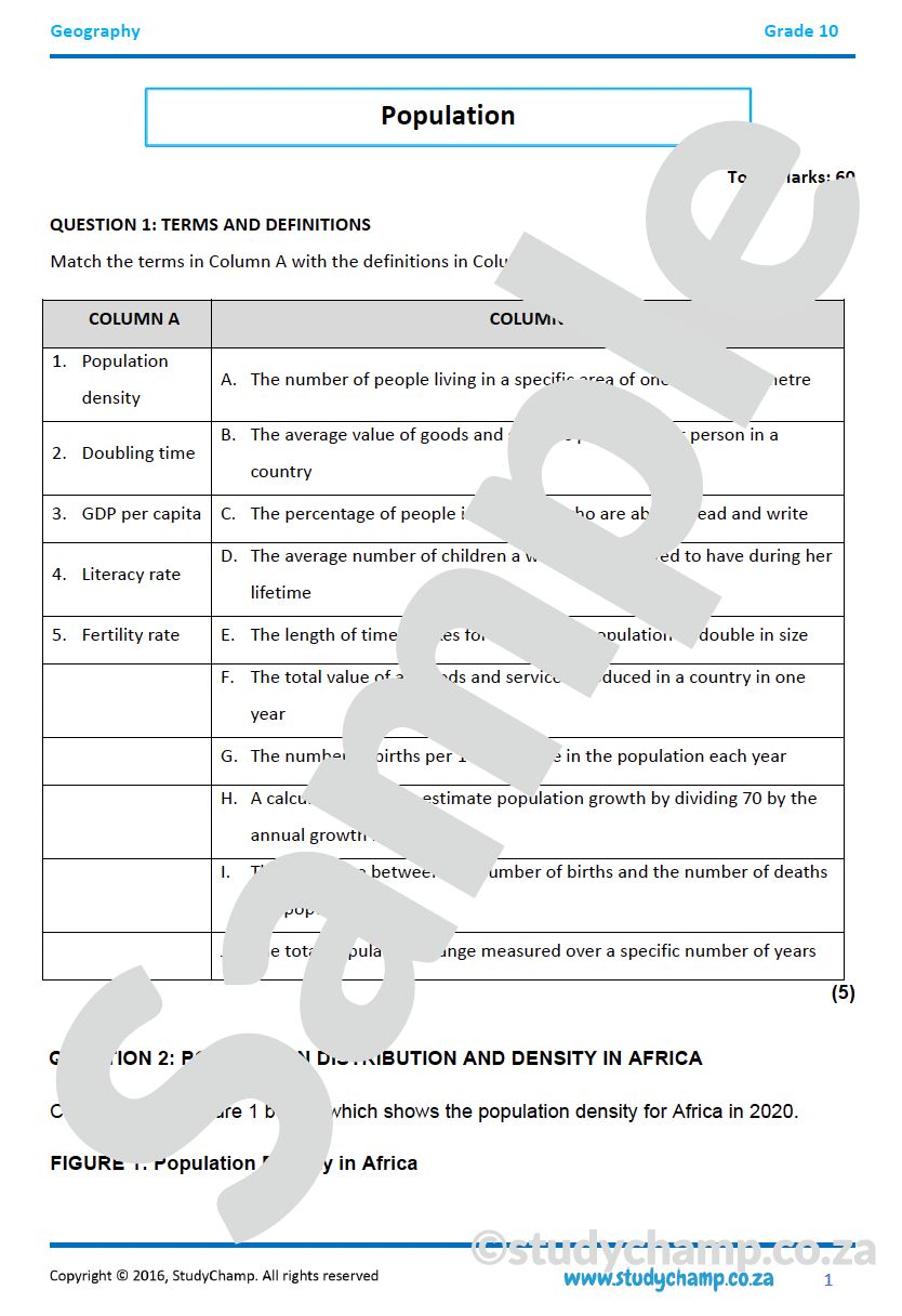 Grade 10 IEB Geography Test: Population