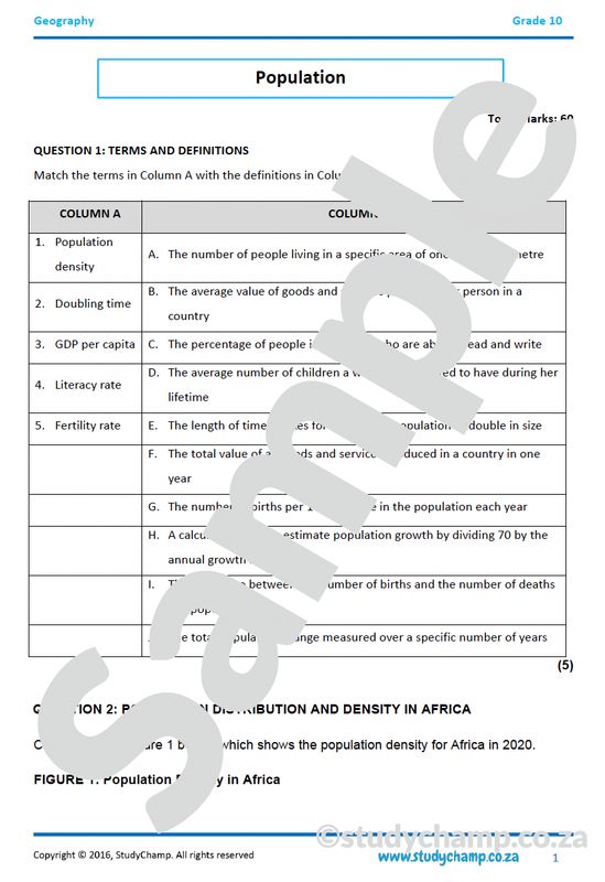 Grade 10 IEB Geography Test: Population