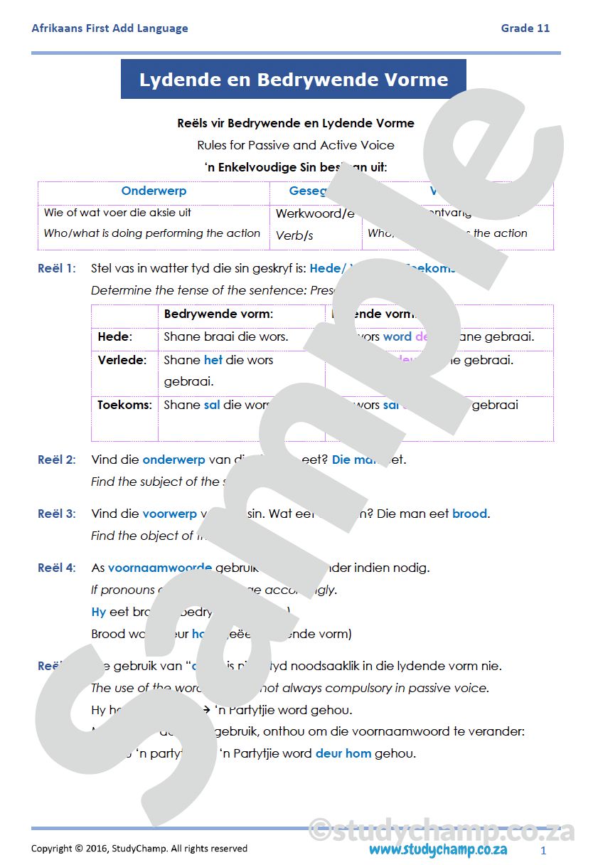 Grade 11 Afrikaans: Lydende- en Bedrywende Vorme
