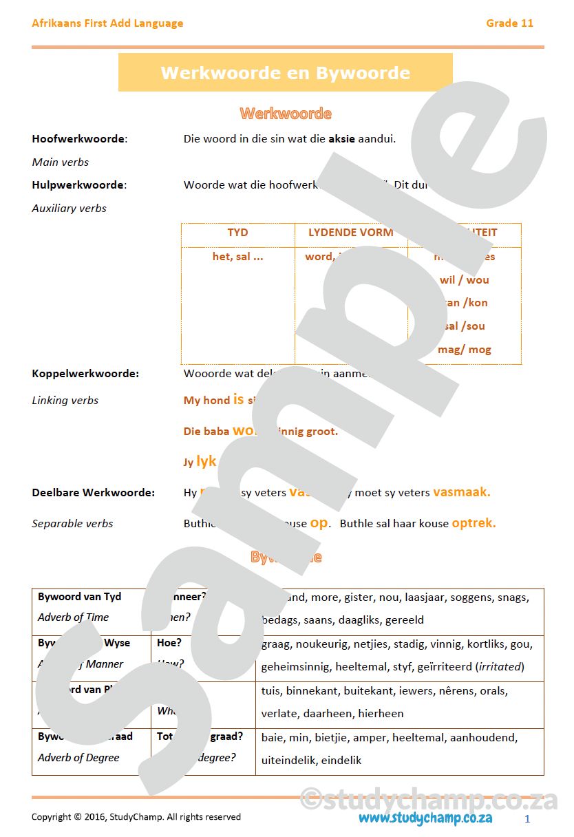 Grade 11 Afrikaans: Werkwoorde en Bywoorde