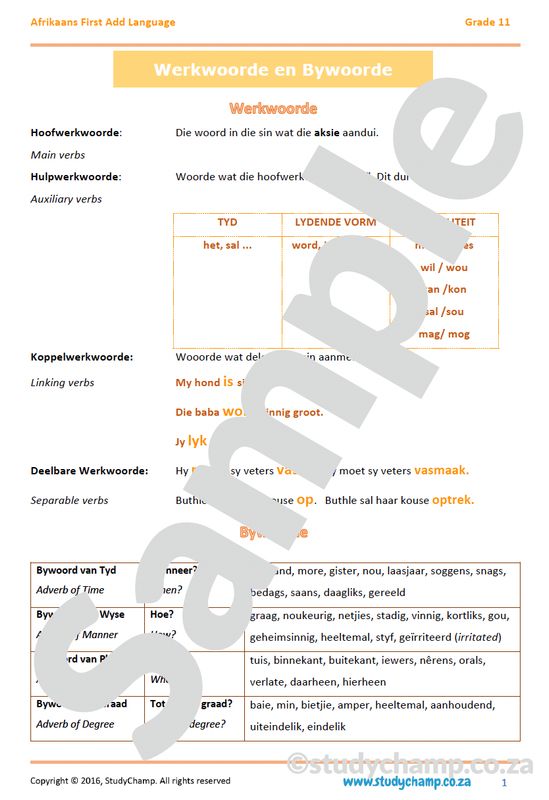 Grade 11 Afrikaans: Werkwoorde en Bywoorde