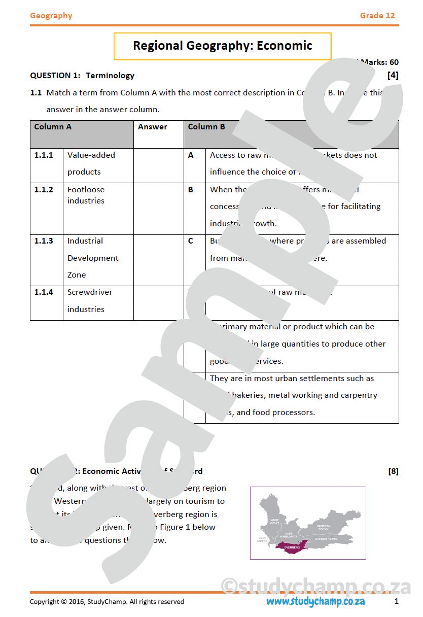 Grade 12 Geography IEB Test: Regional Geography - Economic