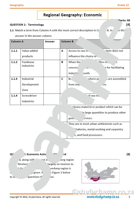 Grade 12 Geography IEB Test: Regional Geography - Economic