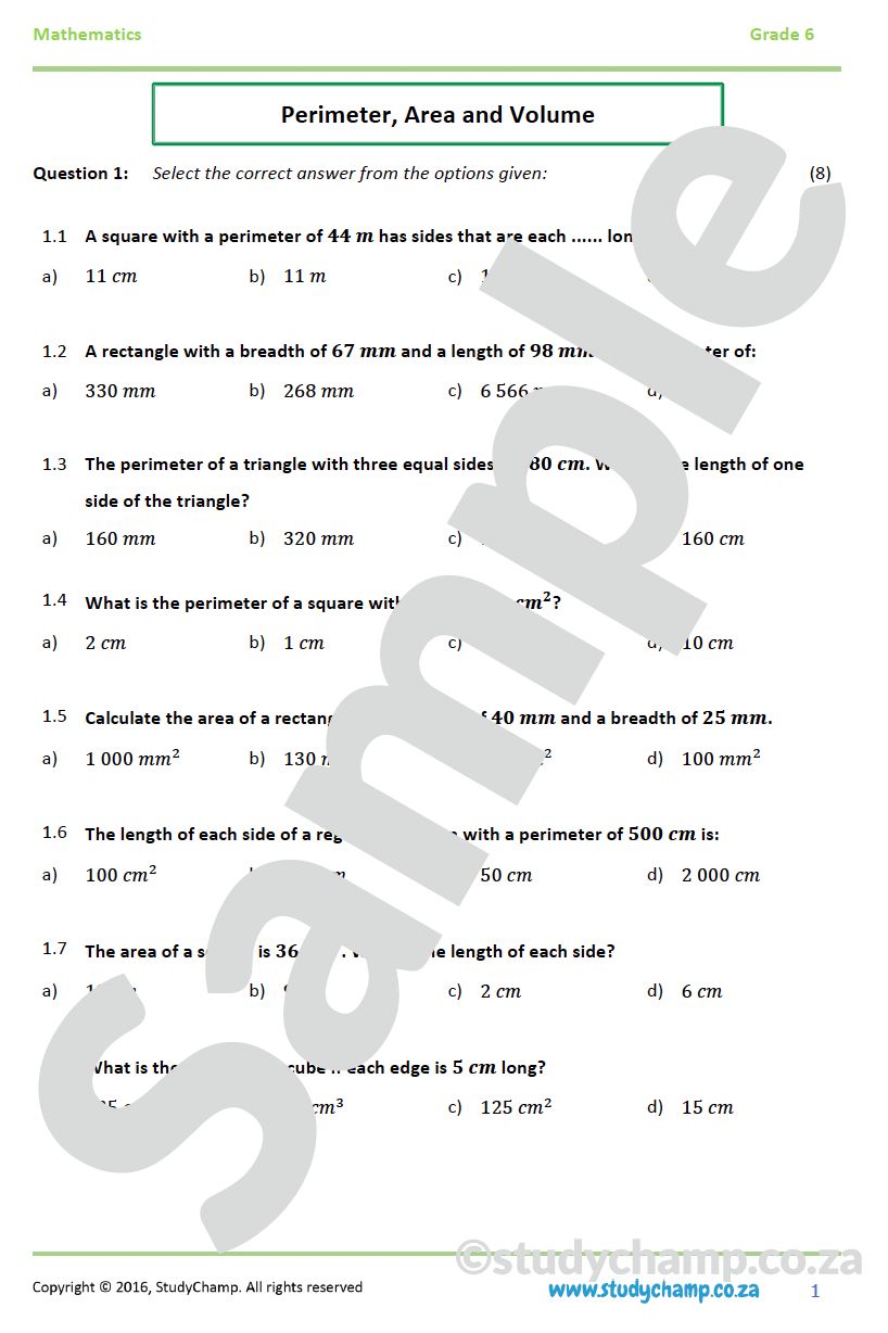Grade 6 Maths Worksheet: Perimeter, Area and Volume