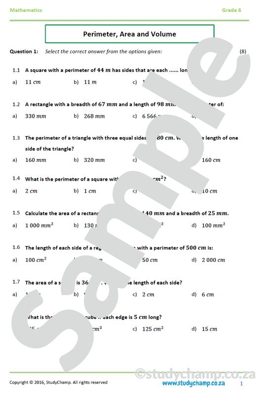 Grade 6 Maths Worksheet: Perimeter, Area and Volume