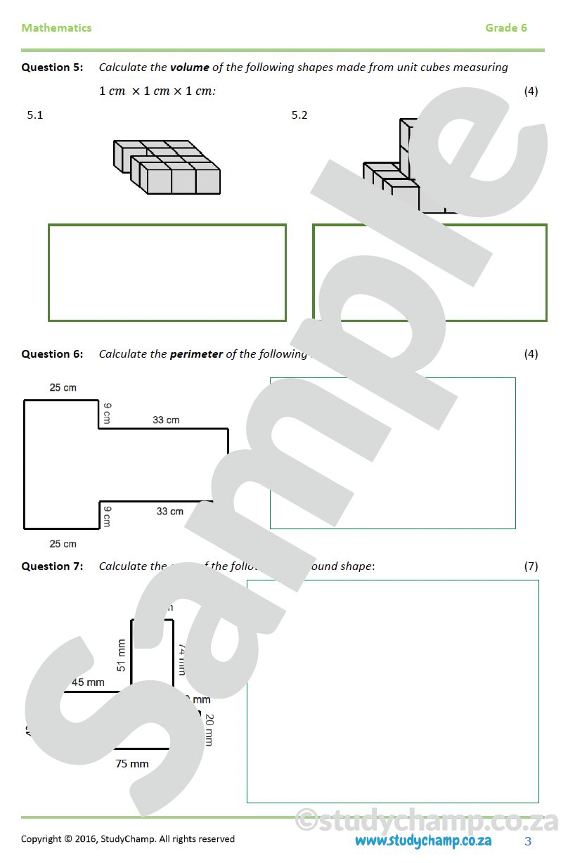 Grade 6 Maths Worksheet: Perimeter, Area and Volume