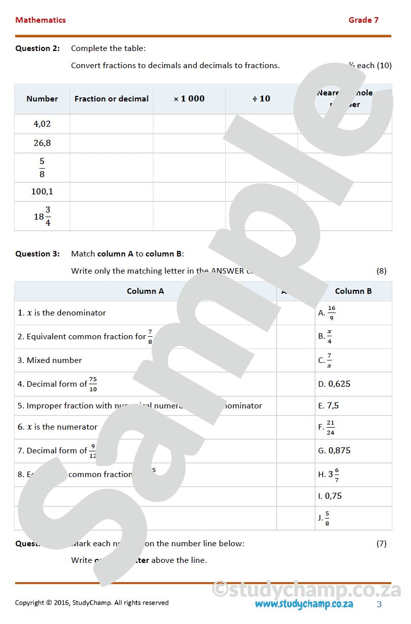 Grade 7 Mathematics Year-end Exam Revision: Workbook 6 - Fractions, Decimals, Rate and Ratio
