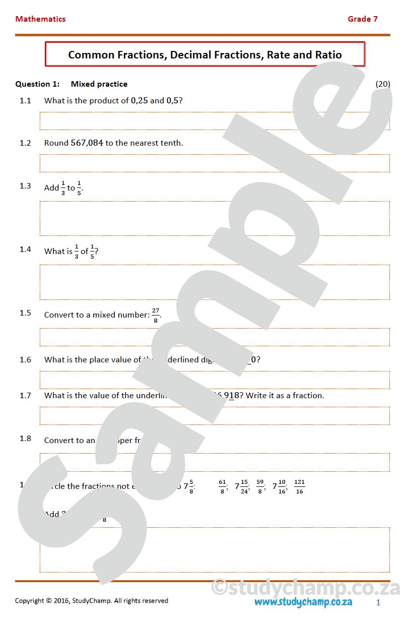 Grade 7 Mathematics Year-end Exam Revision: Workbook 6 - Fractions, Decimals, Rate and Ratio