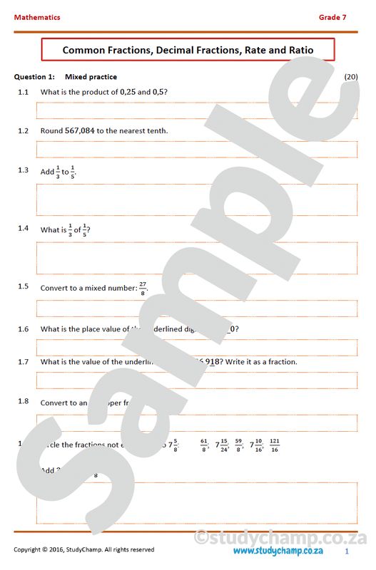 Grade 7 Mathematics Year-end Exam Revision: Fractions, Decimals, Rate and Ratio