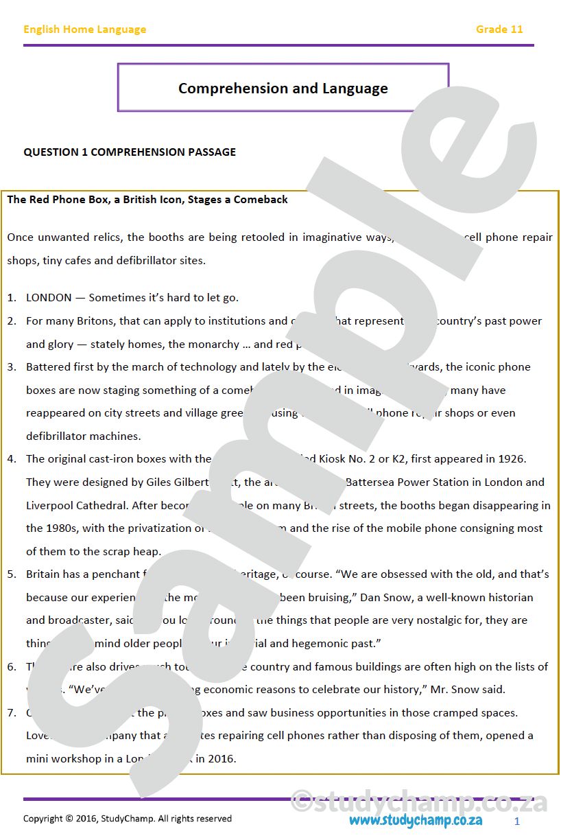 Grade 11 English: Comprehension and Language: The Red Phone Box