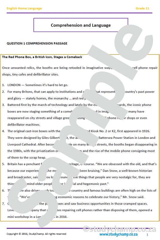 Grade 11 English: Comprehension and Language: The Red Phone Box