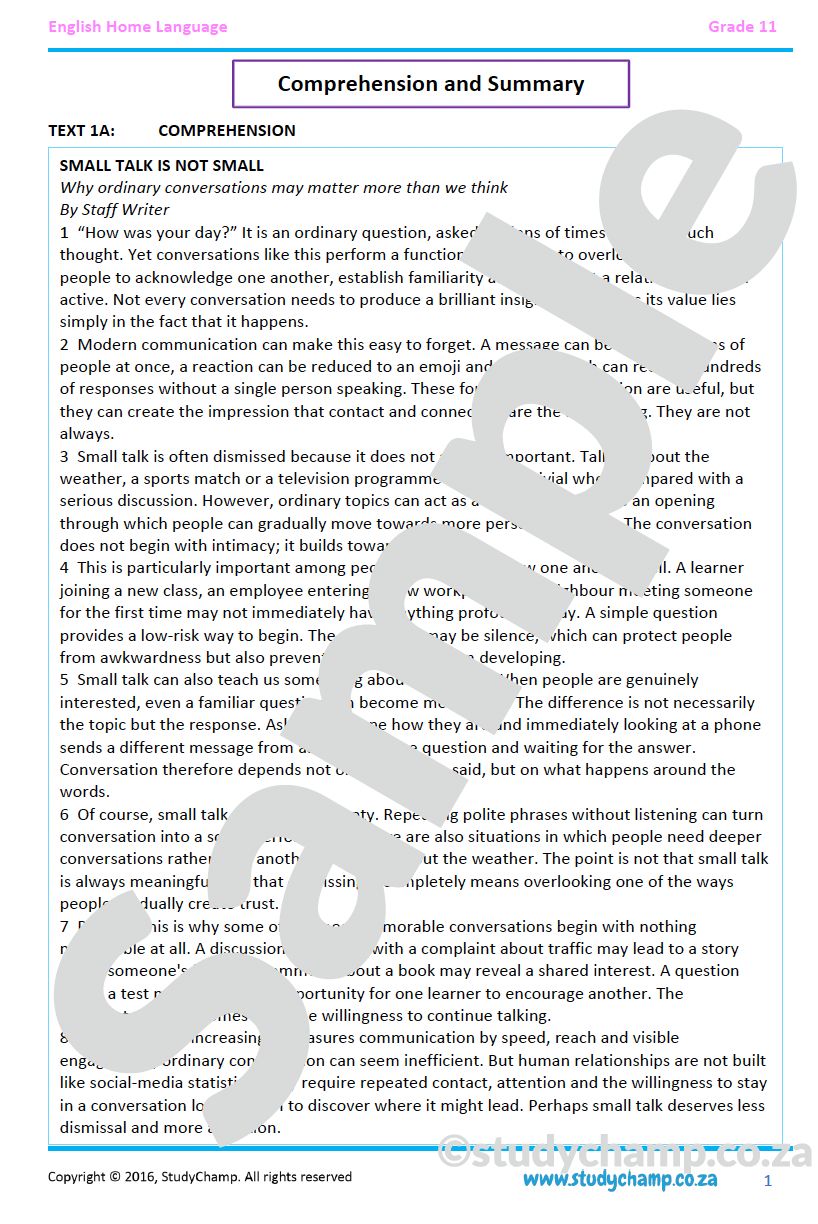 Grade 11 IEB English: Comprehension and Summary 2
