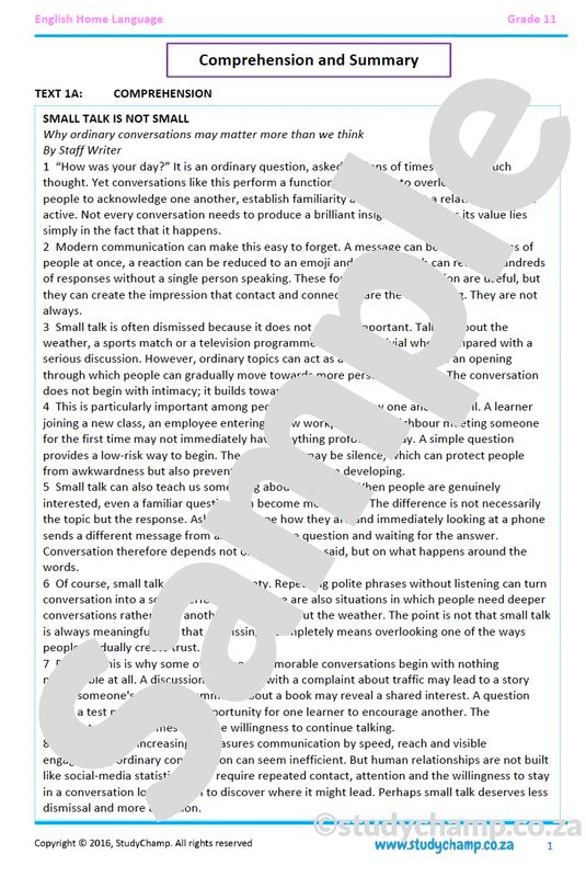 Grade 11 IEB English: Comprehension and Summary 2
