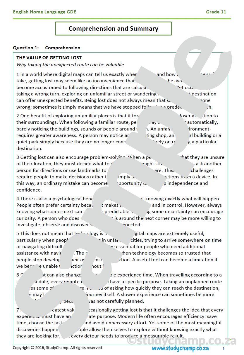 Grade 11 DBE English: Comprehension and Summary - The value of getting lost