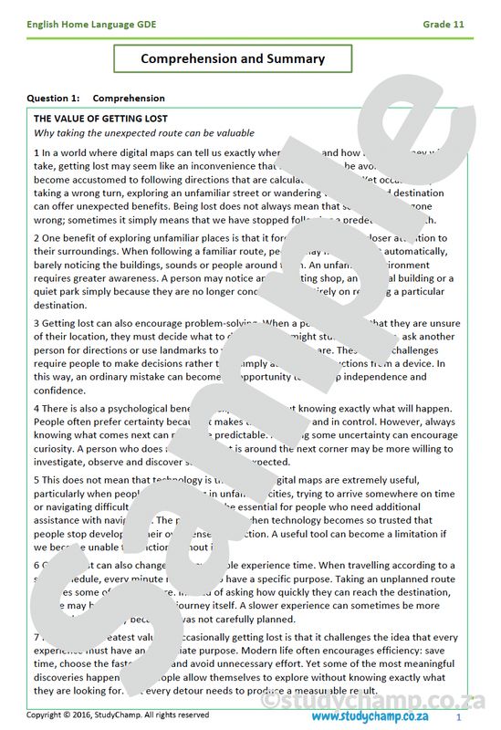 Grade 11 DBE English: Comprehension and Summary - The value of getting lost