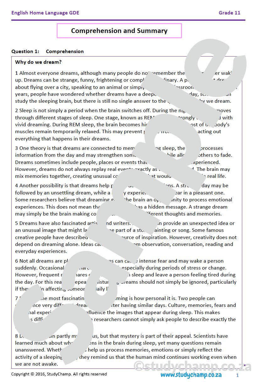 Grade 11 DBE English: Comprehension and Summary - Why do you dream?