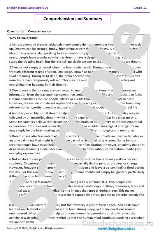 Grade 11 DBE English: Comprehension and Summary - Why do you dream?
