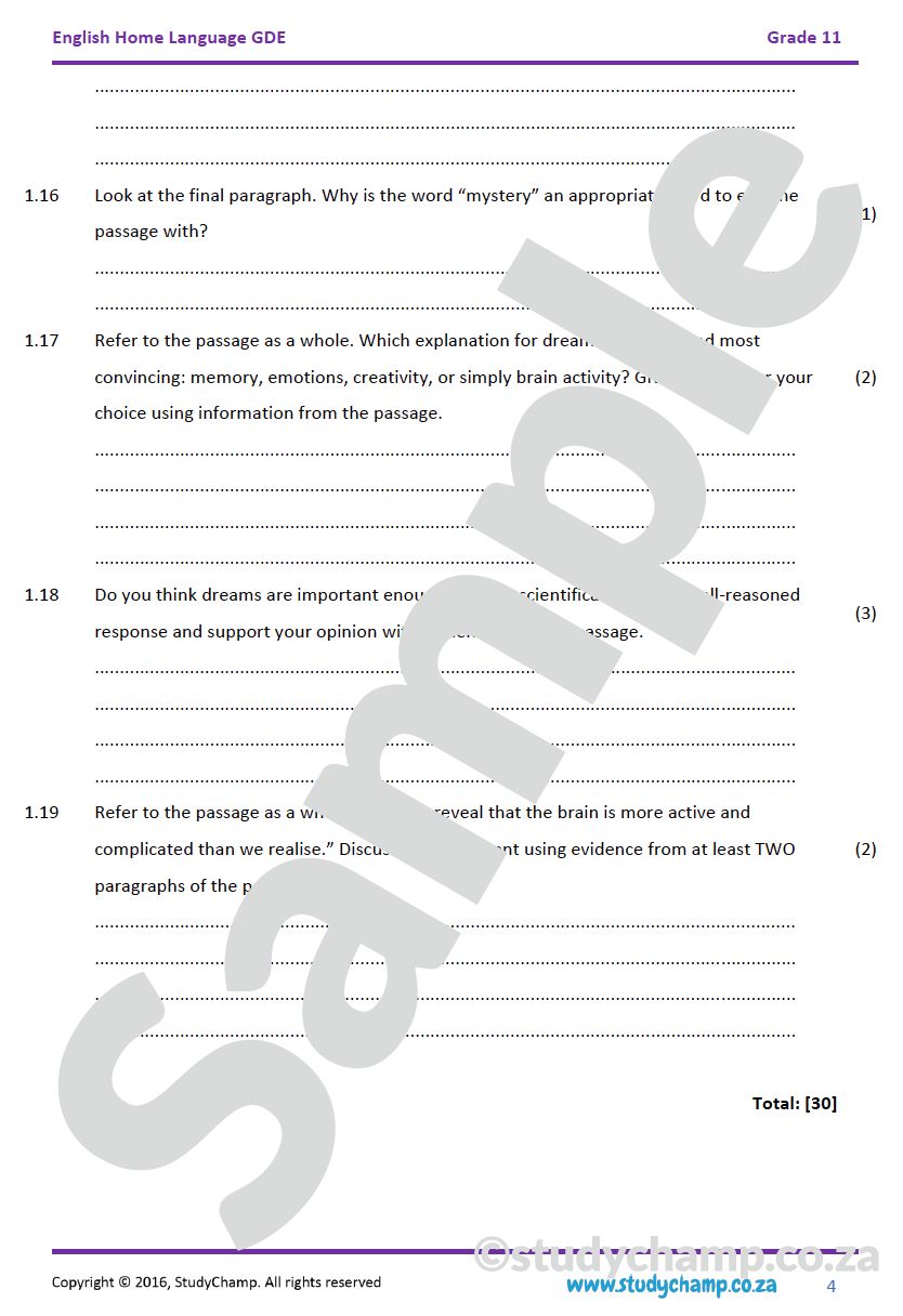 Grade 11 DBE English: Comprehension and Summary - Why do you dream?