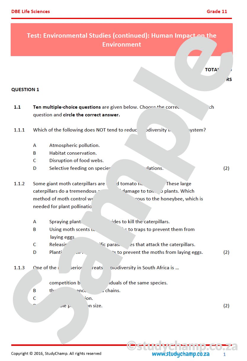 Grade 11 Life Sciences Test (DBE): Environmental Studies