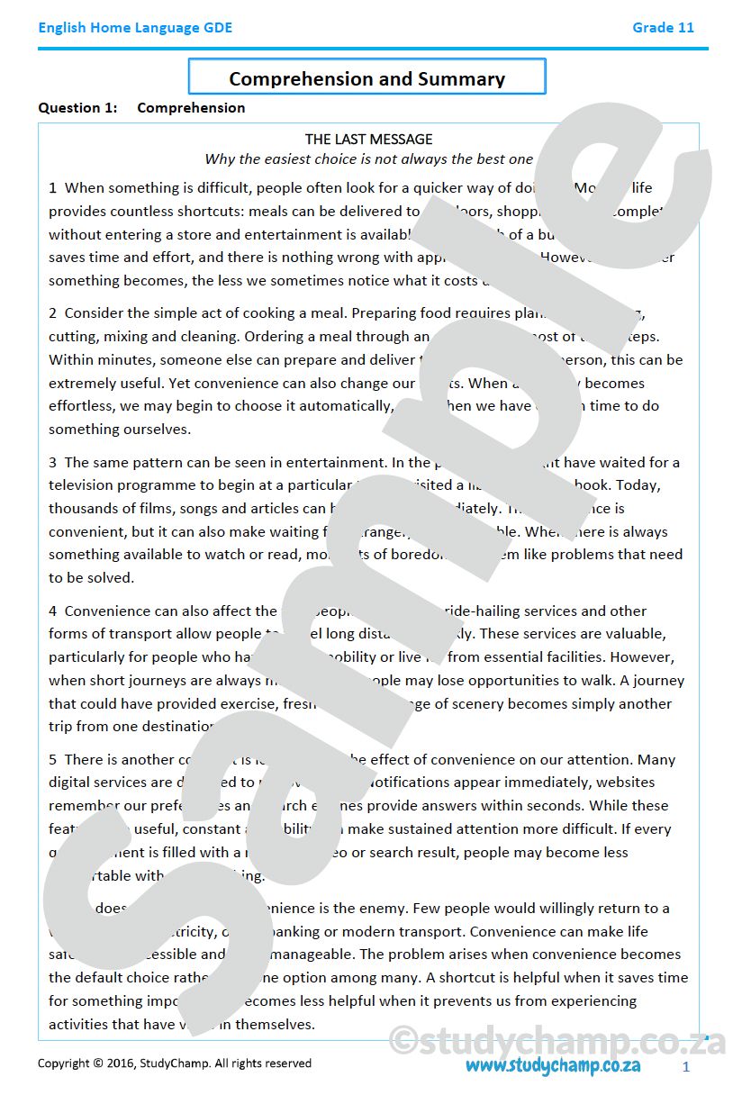 Grade 11 DBE English: Comprehension and Summary - The last message
