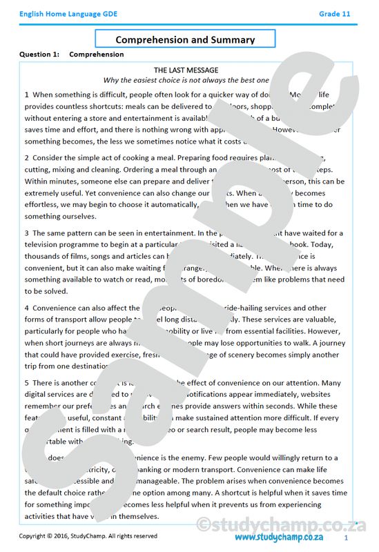 Grade 11 DBE English: Comprehension and Summary - The last message