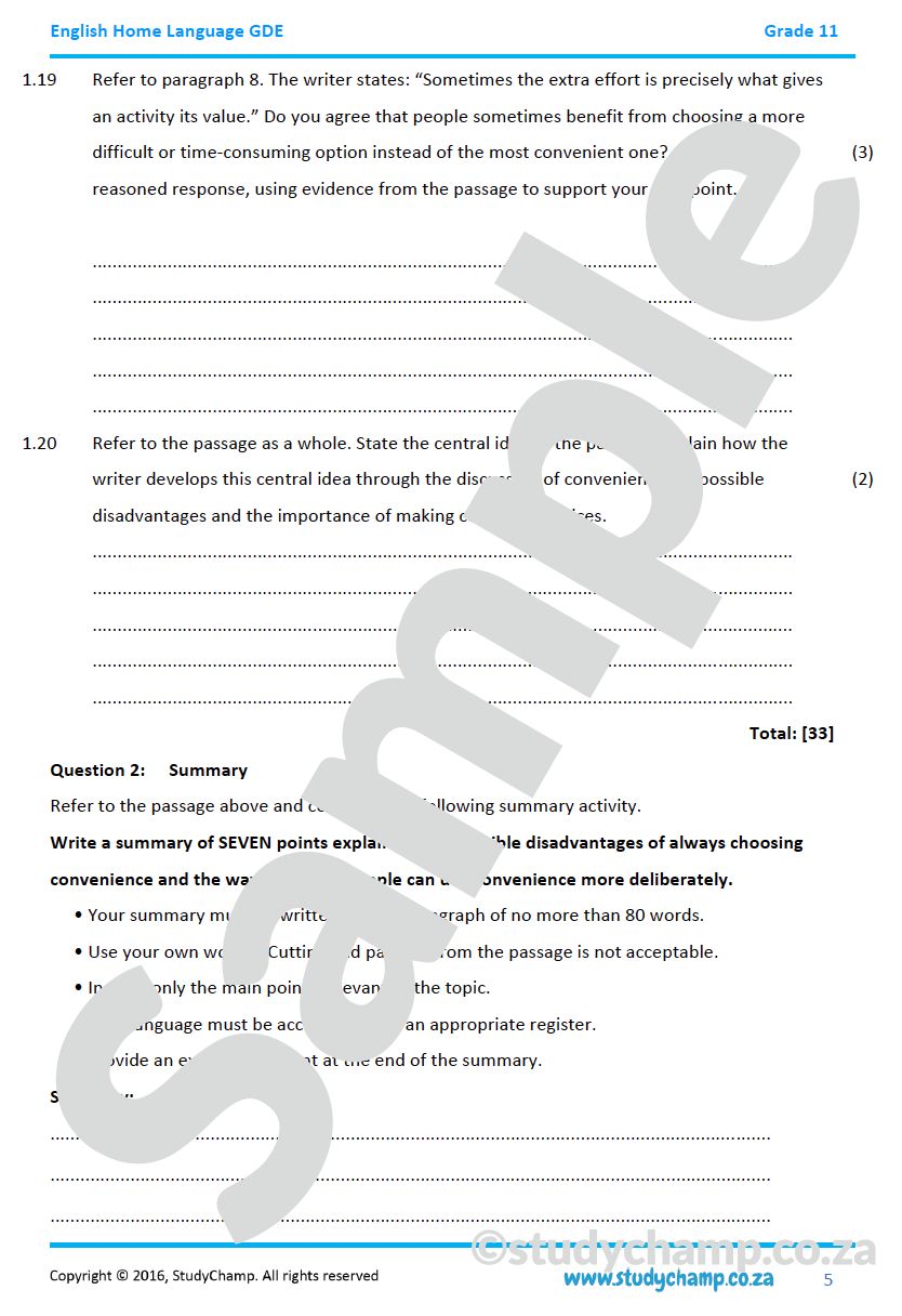 Grade 11 DBE English: Comprehension and Summary - The last message