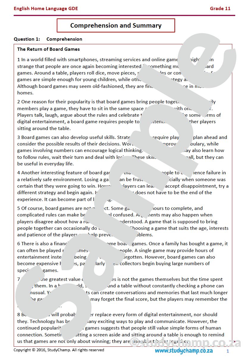 Grade 11 DBE English: Comprehension and Summary - The return of board games