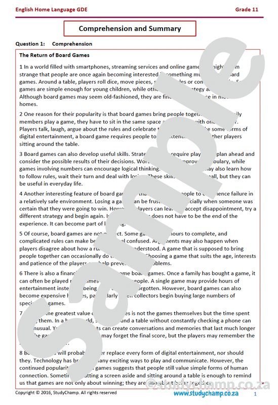Grade 11 DBE English: Comprehension and Summary - The return of board games