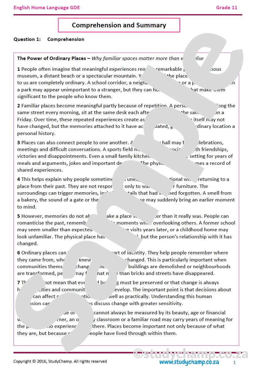 Grade 11 DBE English: Comprehension and Summary - The power of ordinary places