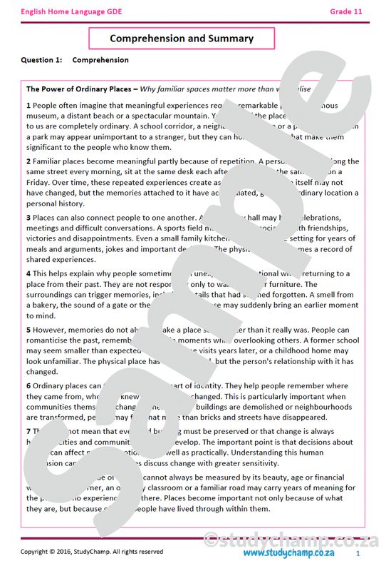 Grade 11 DBE English: Comprehension and Summary - The power of ordinary places