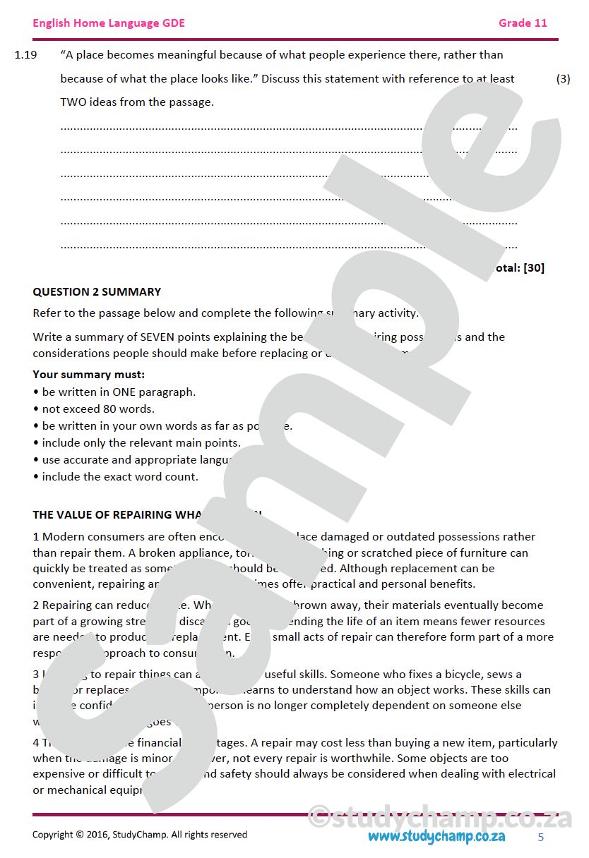 Grade 11 DBE English: Comprehension and Summary - The power of ordinary places