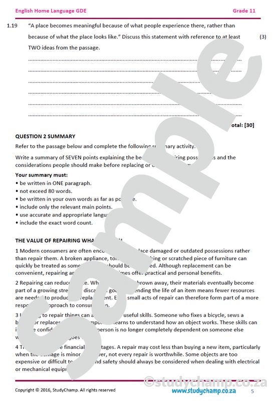 Grade 11 DBE English: Comprehension and Summary - The power of ordinary places