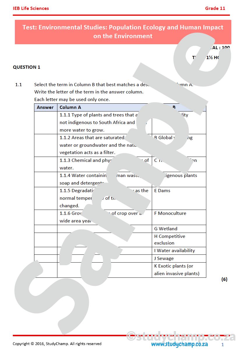 Grade 11 Life Sciences Test (IEB): Environmental Studies