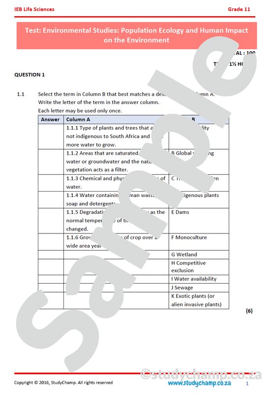 Grade 11 Life Sciences Test (IEB): Environmental Studies