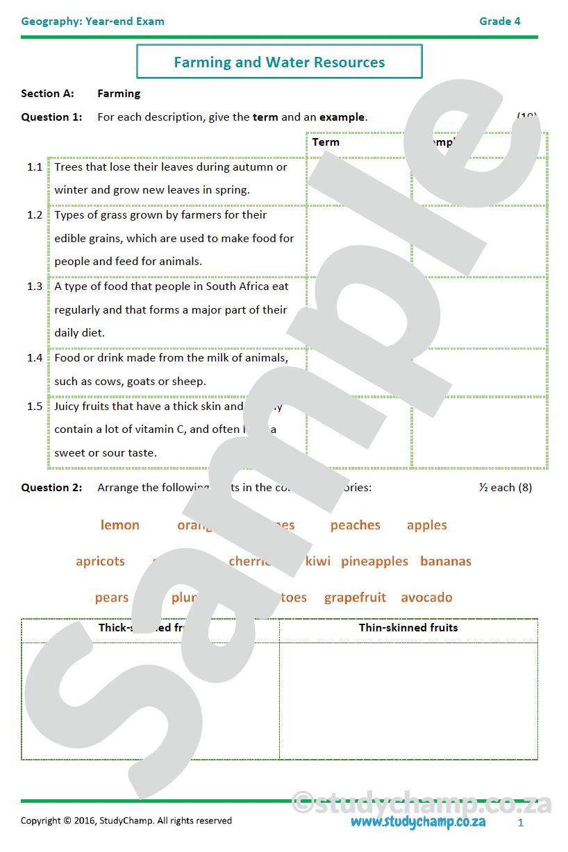 Grade 4 Geography Year-end Exam: Farming and Water