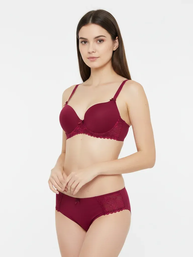 Burgundy Molded Bra &amp; Lace Brief Set