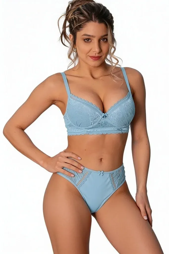 Sky Blue Lace-Cup Bra Set
