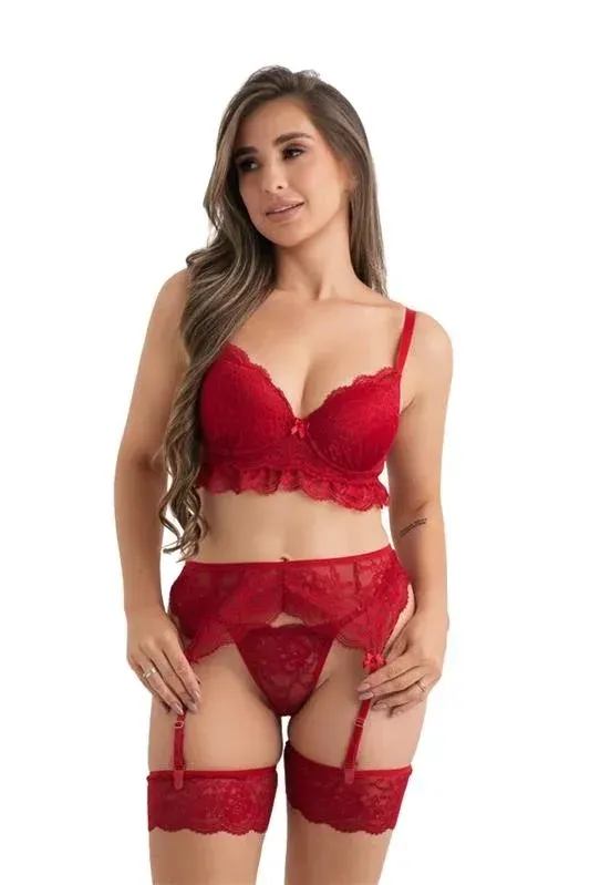 Red Lace Three-Piece Set with Garter Belt