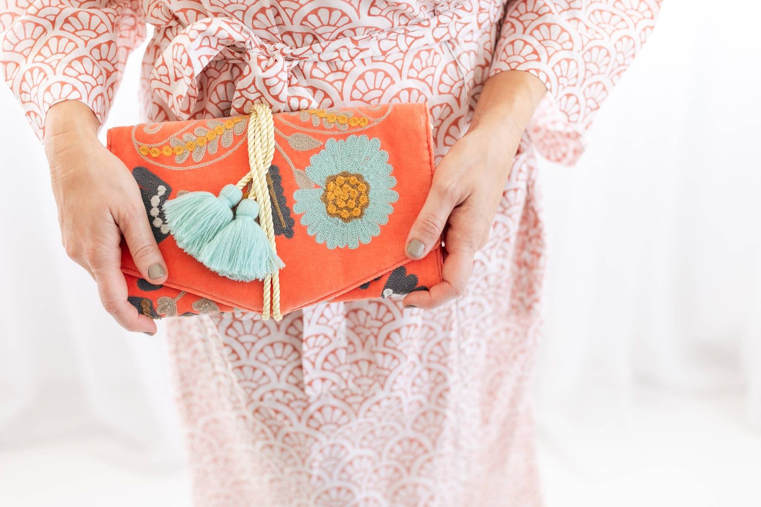 Rahab's Rope - Embroidered Velvet Jewelry Organizer- Coral