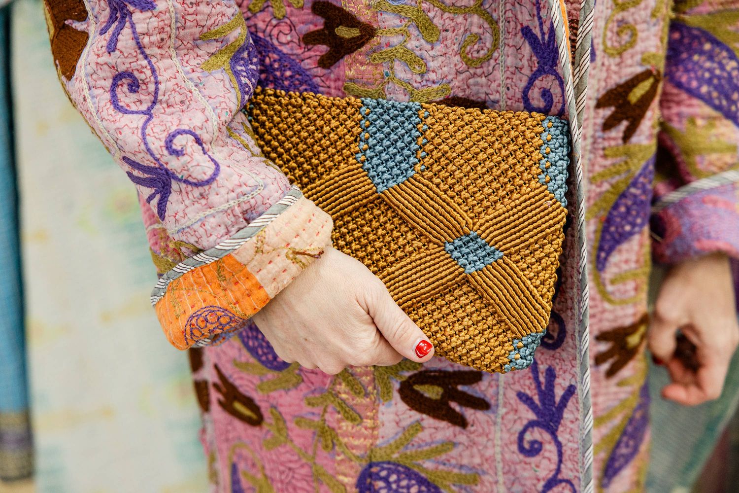 Rahab's Rope - Handmade Macrame Clutch- Caramel and Dusty Blue