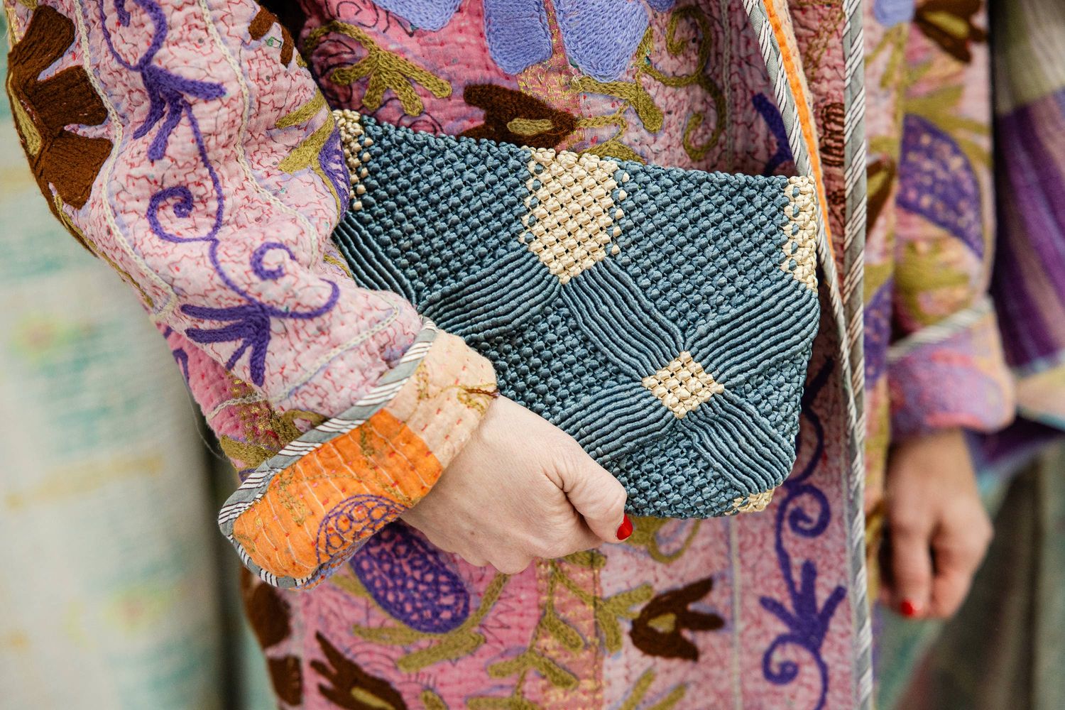 Rahab's Rope - Handmade Macramé Clutch- Dusty Blue and Champagne