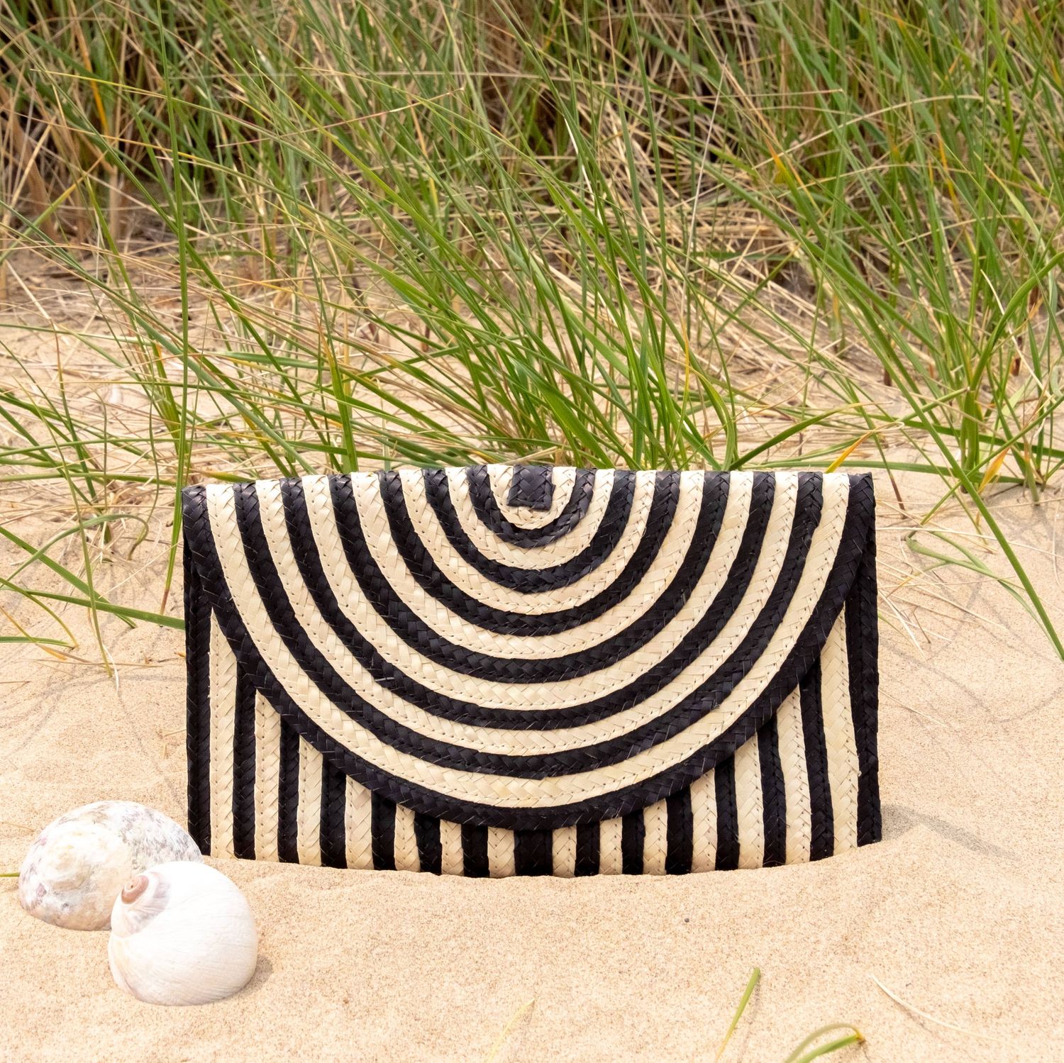 The Winding Road - Straw Clutch Black and White Stripe