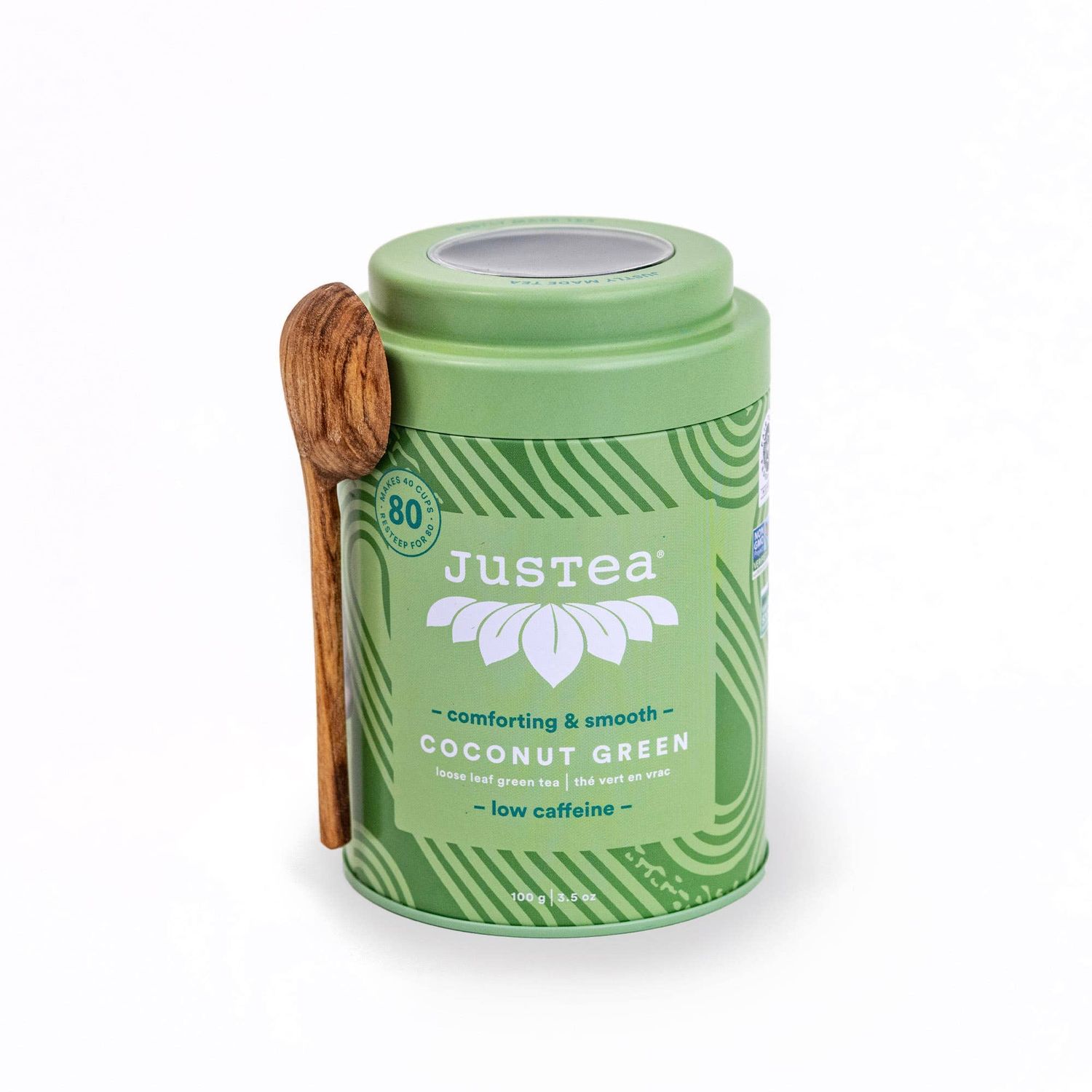 JusTea (No Import Fees to USA) - Coconut Green Tin &amp; Spoon - Organic, Fair-Trade, Green Tea